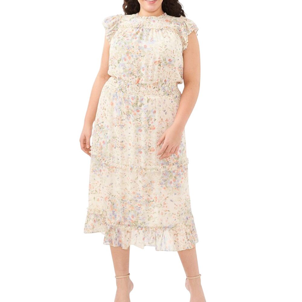 Cece $89 Watercolor Floral Print Flutter Cap Sleeve Ruffle Crew Neck Dress 3X
